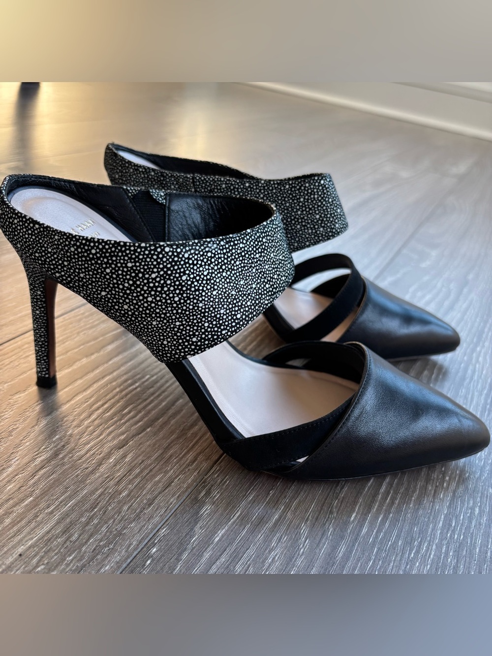 Cole Haan Black Leather Pointed-Toe Heels with Speckled Ankle Cuff